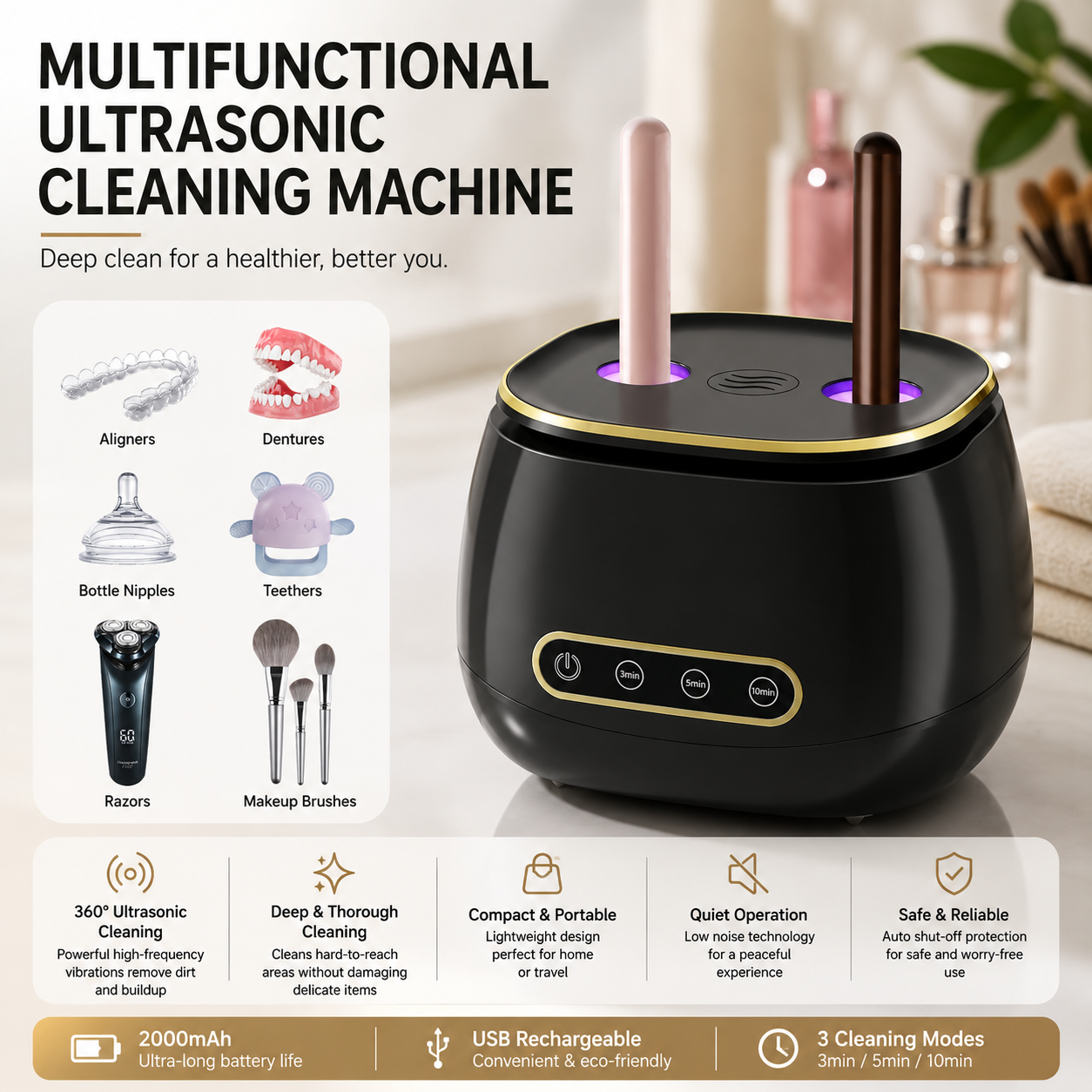 Novaluxt Ultrasonic Cleaning Machine – Deep Clean for Toothbrush Heads, Razors & Accessories