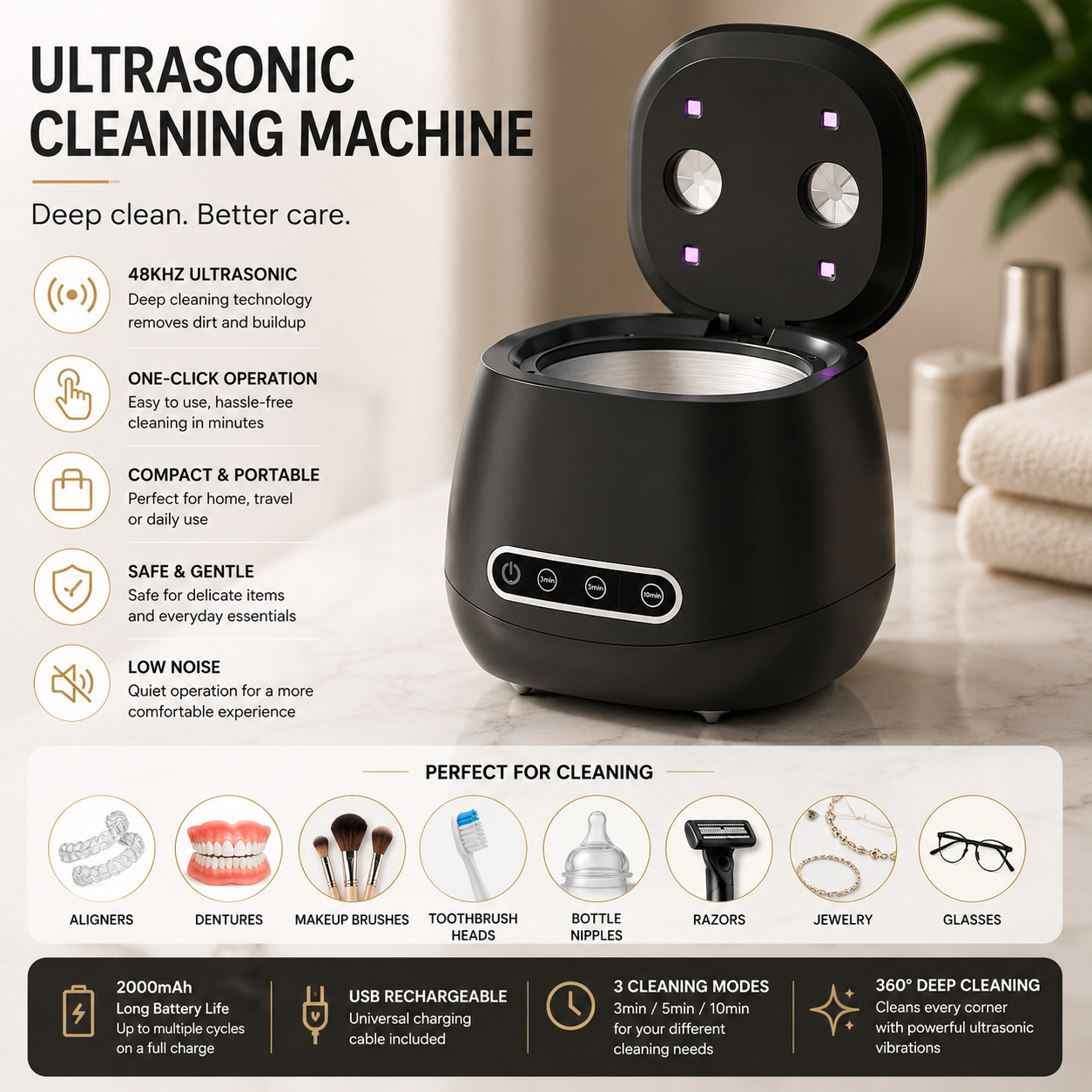 Novaluxt Ultrasonic Cleaning Machine – Deep Clean for Toothbrush Heads, Razors & Accessories